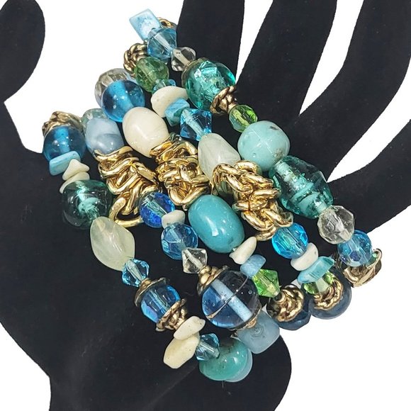 Gold Tone Stretch Multistrand Bracelet with Blue Green Beads & Gems - Picture 2 of 2